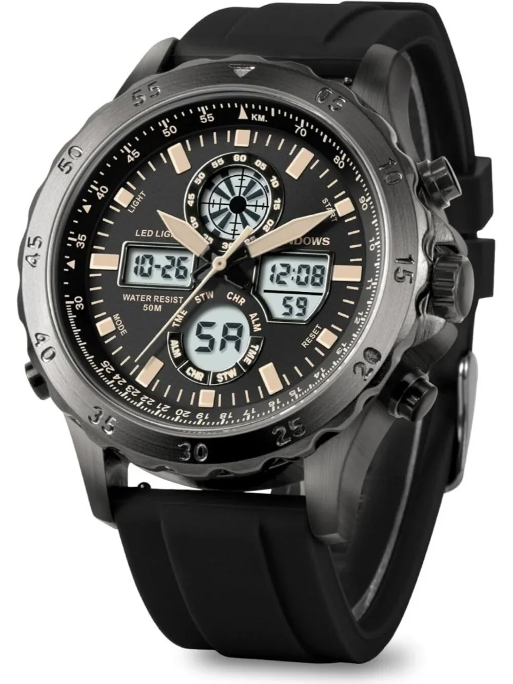 Men's Black Analog Quartz Waterproof Military Multifunctional LED Digital Watch